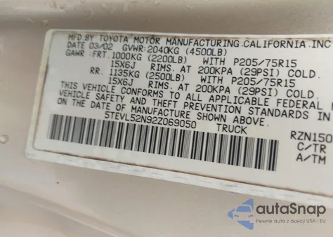 2002 Toyota Tacoma из США, поврежденный, VIN 5TEVL52N92Z069050